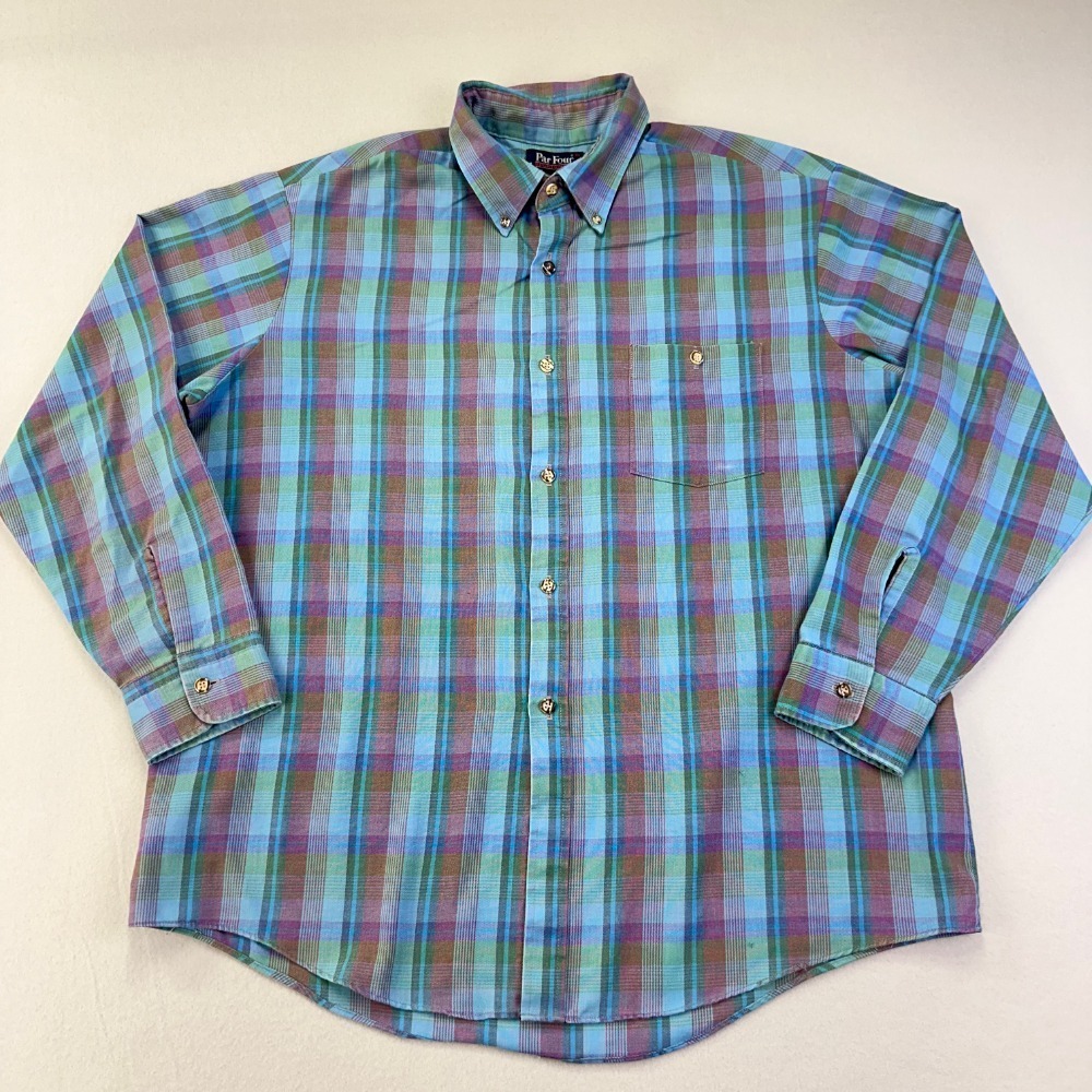 VTG Par Four‎ Shirt Mens XL Blue Plaid L/S Button Up Cotton Retro Casual